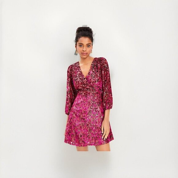 Loft Shimmer Floral Velvet Faux Wrap Dress Size 8 Purple Pink Gold - Picture 1 of 11